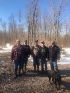 Our crew of sap haulers. From left: Jimmy, Dan, me, Bob, and Bill. Otis is fleeing the scene.